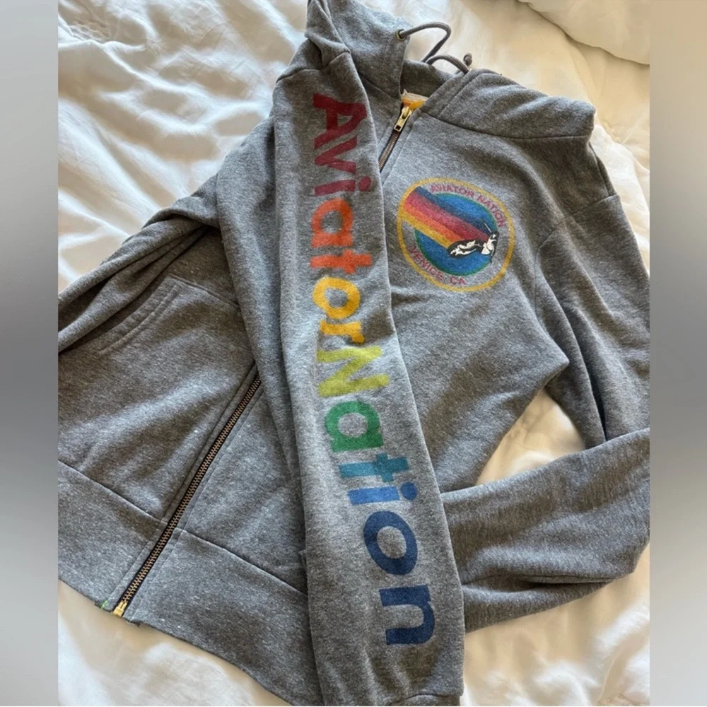 Aviator Nation La Jolla Zip Hoodie Heather Gray Rainbow Logo Sweatshirt Size M - Picture 6 of 10